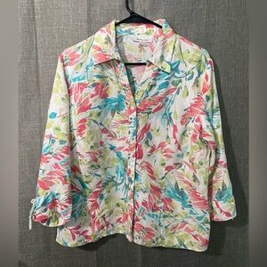 JM Collection Watercolor Floral Linen Button Up Shirt Blouse 3/4 Sleeve Sz 12
